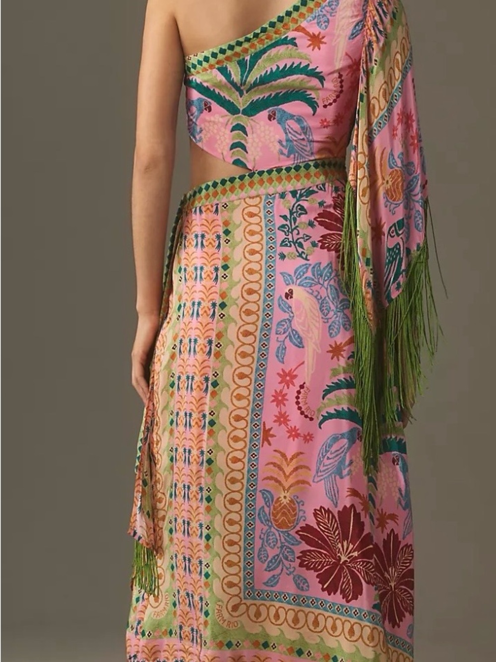 FARM RIO Fruits Queen Scarf Pink One Shoulder Midi Dress. Size L. New With Tags. - Picture 2 of 6